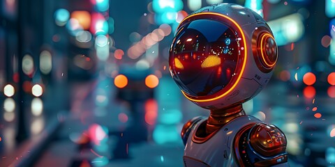3d rendering humanoid robot in city at night with bokeh lights