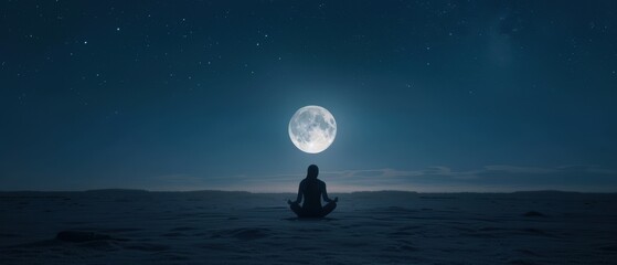 person meditating under the full moon on a calm night, serene atmosphere with starry sky and lunar g