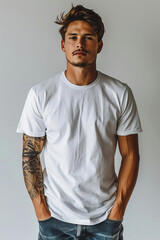 Wall Mural - Classic white crewneck Tshirt on a male model standing against a white backdrop