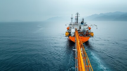 Supply ship approaching offshore oil platform. Supply ship approaches an offshore oil platform, illustrating logistics and support operations in the maritime energy industry.