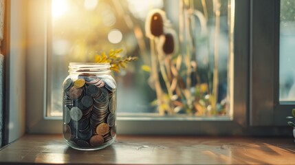 A glass jar filled with coins and bills sits on a window sill, bathed in natural light