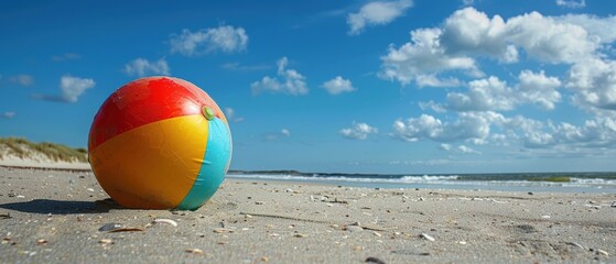 Vibrant Beach Ball Rolling Playfully on Windy Sandy Shoreline