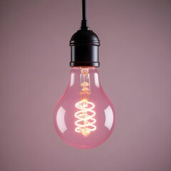 Wall Mural - close up isolated hanging pink lightbulb with copy space background, representing great ideas