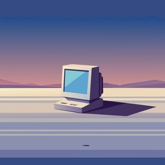 Wall Mural - isolated, technology, surreal, set, lone computer sitting on vast, empty white plain, surrounded by diffused glow.