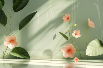 Poster - A contemporary design featuring delicate pink flowers with geometric patterns against a green wall with sunlight casting shadows. Generative AI