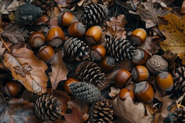 Poster - A collection of acorns and leaves scattered on the ground in a natural setting, Acorns and pinecones scattered on the ground