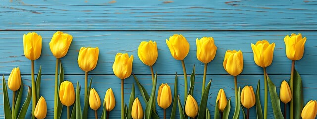 Wall Mural -  Yellow tulips in foreground against a blue wooden backdrop, with green stems and additional row of yellow tulips behind
