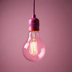 Wall Mural - close up isolated hanging pink lightbulb with copy space background, representing great ideas