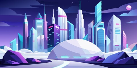 Wall Mural - white futuristic cityscape with towering skyscrapers and flashing neon lights, laid out on large, smooth white stone., cityscape, white background, skyscrapers