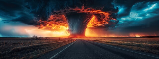 Wall Mural -  A towering column of smoke ascending from a cloud in the heart of an open field, obstructing the middle of the road