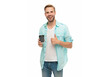 © be free - Coffee break at home. Millennial man having coffee cup isolated on white. Morning coffee time. Lifestyle concept. Drinking espresso. Man drinking tea. Warm morning. Thumb up