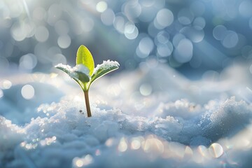 A young green sprout emerges from the snow, in a beautiful spring background with soft light and bokeh effects. The focus is on an isolated small plant or flower growing in deep soil surrounded by whi