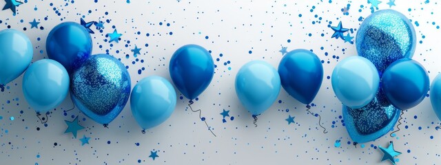  A blue balloon cluster rests atop the table, accompanied by confetti and confetti sticks