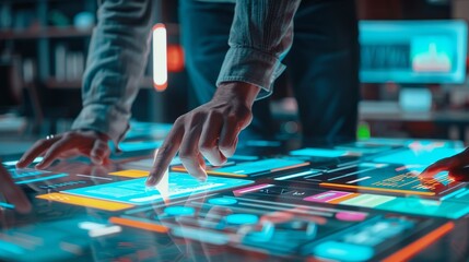 Designers brainstorm ideas for a mobile app using augmented reality to create wireframes. The team works in a modern office setting.