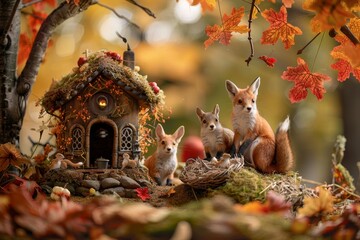 Two foxes are sitting beside a bird house in an autumn setting, Adorable foxes and squirrels in a picturesque autumn setting