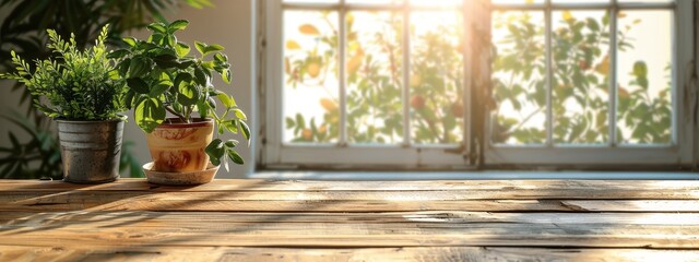  Two potted plants rest on a sunlit wooden table, bathed in light filtering through the window