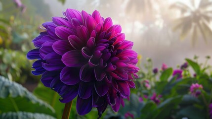 Wall Mural - A vibrant purple Dahlia with dark purple tips and a touch of pink, set against a backdrop of soft morning mist in a lush garden.