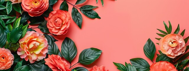 Wall Mural -  A tight shot of blooms and foliage against a pink backdrop Inset for text or graphic