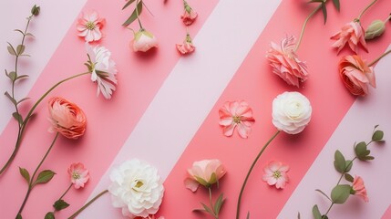 Poster - Minimalist geometric floral pattern on a pink and white diagonal stripe background. Perfect for modern design and architectural studios. Generative AI