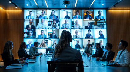 Business Team Engaging in a Large Virtual Meeting with Multiple Video Screens in Modern Conference Room