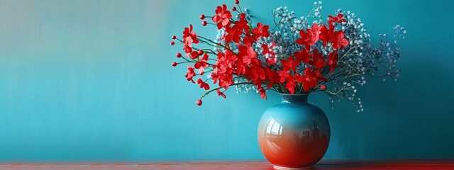 Wall Mural -  A red vase filled with flowers sits atop a red table Nearby, a blue wall contrasts