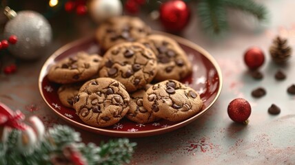 Wall Mural - Chocolate chip cookies served on a festive Christmas plate, surrounded by holiday decorations and ornaments.