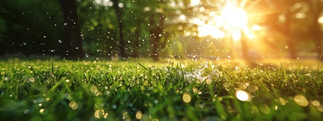 Sticker -  The sun shines brightly behind a grassy scene dotted with water on blades and tree foliage