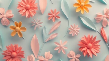 Poster - Geometric, paper floral patterns on a light blue background. Generative AI