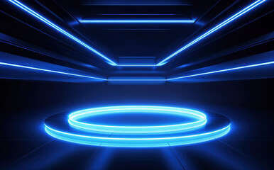 Poster - Futuristic Blue Neon Circular Platform with Converging Light Lines in Dark Room - Sci-Fi High-Tech Background for Product Showcase or Virtual Reality Environment
