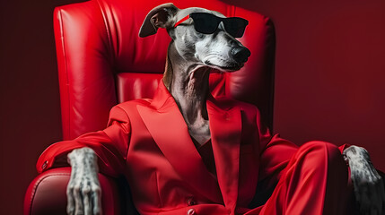 Sticker - Greyhound dog like a human dressed in red suit and sunglasses sitting as a film director.