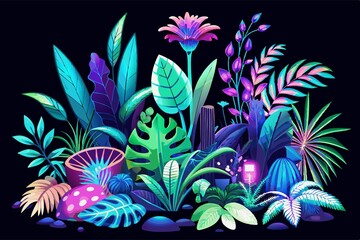 Wall Mural - neon, white, specimens, greenery, collection of neon-lit botanical specimens sits effortlessly on white surface, surrounded by lush greenery.
