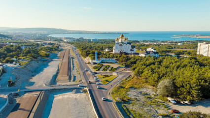 Wall Mural - Gelendzhik, Russia. Cathedral of St. Andrew the First-Called. The text along the M4-Don Highway is translated: Glory to Russia, Kuban-Pearl of Russia. Gelenzhik-City Resort, Aerial View