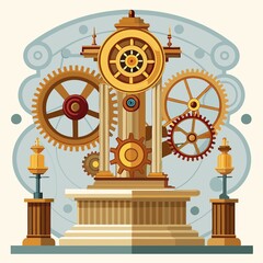 Wall Mural - Old-fashioned clockwork mechanism on white pedestal, surrounded by intricate gears and steam pipes., Steampunk, steam, gears, machinery