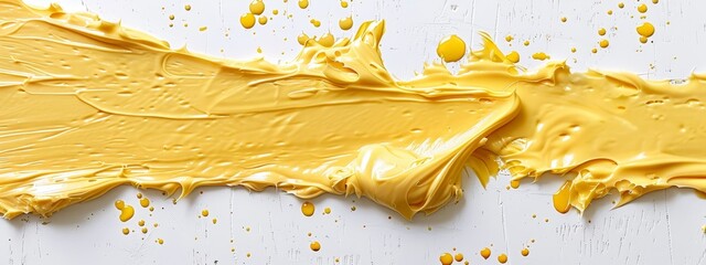 Wall Mural -  A tight shot of yellow paint with droplets at its top and base