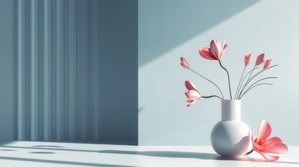 Poster - A single white vase with delicate pink flowers stands against a modern blue wall with vertical lines. The clean lines and simple design create a minimalist aesthetic. Generative AI