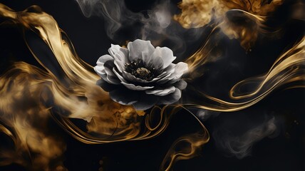 Wall Mural - llustration of Abstract Smokey black and gold background with floatin flower