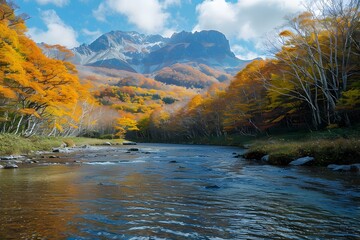 Wall Mural - Mountain stream in autumn forest with colorful trees and blue sky