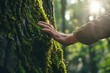 © Sourav Mittal - Closeup of a man's hand touching a moss-covered tree trunk in a forest, with sunlight filtering through the trees. A green natural concept with copy space.