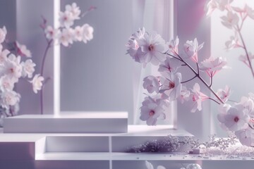 Aufkleber - A close-up image featuring geometric floral patterns on a white platform, creating a contemporary and clean aesthetic. Generative AI
