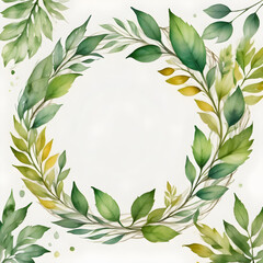 Wall Mural - Circular watercolor foliage wreath with green leaves and yellow accents. Circle picture frame with green pastel leaves. 