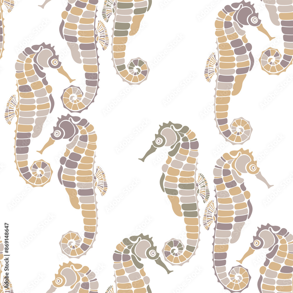 Seamless pattern with seahorses on white. Vector. Marine hand-drawn ...