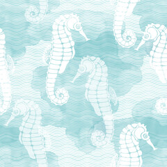 Wall Mural - Seahorses.  Art background on a marine theme. Hand drawn seamless vector pattern on a blue watercolor background. Perfect for wallpaper, wrapping, fabric and textile.