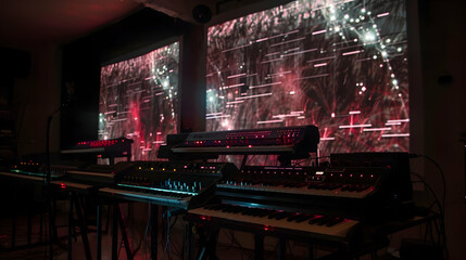 Wall Mural - The Synthetic Serenade: A row of synthesizers, emitting otherworldly sounds and strange shapes on a projection screen.