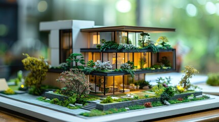 Architecture home model in workspace featuring. Detailed paper model of a modern greenhouse with landscaping.