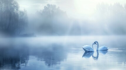 Wall Mural - Two swans swimming in a lake with a foggy sky in the background