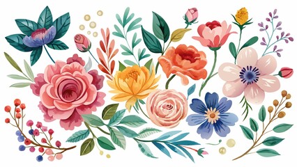 Wall Mural - traditional watercolor collection featuring series of vintage-style florals, set against crisp white background., white background, watercolor, vintage, collection