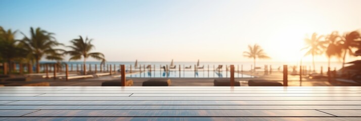 Sticker - Wooden Tabletop with Blurred Beach and Pool View at Sunset