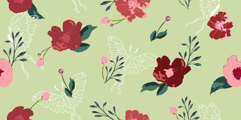 Watercolor Floral gentle Rose flowers with branches and Butterflies pattern. Could be used For Dress, wallpapers, print, gift wrap and scrapbooking.