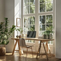 Wall Mural - Modern home office with a laptop. Natural light. White background. 