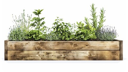 A wooden raised garden bed filled with various herbs including rosemary, basil, and mint, isolated on a white background.